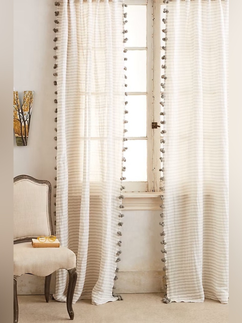 Anthropologie Pom Tassel Striped Curtain Grey - Picture 1 of 4